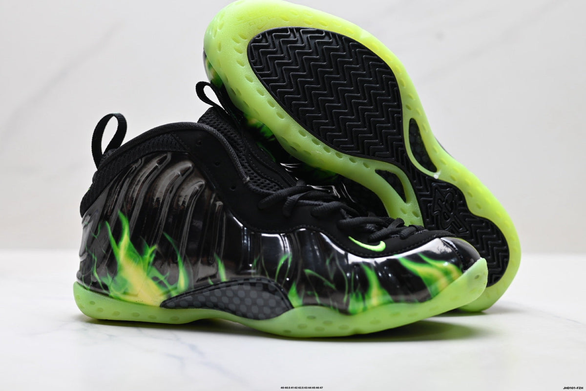Nike Penny Hardaway Foamposite Sneakers, in Black and Volt Green - product image from the listing.