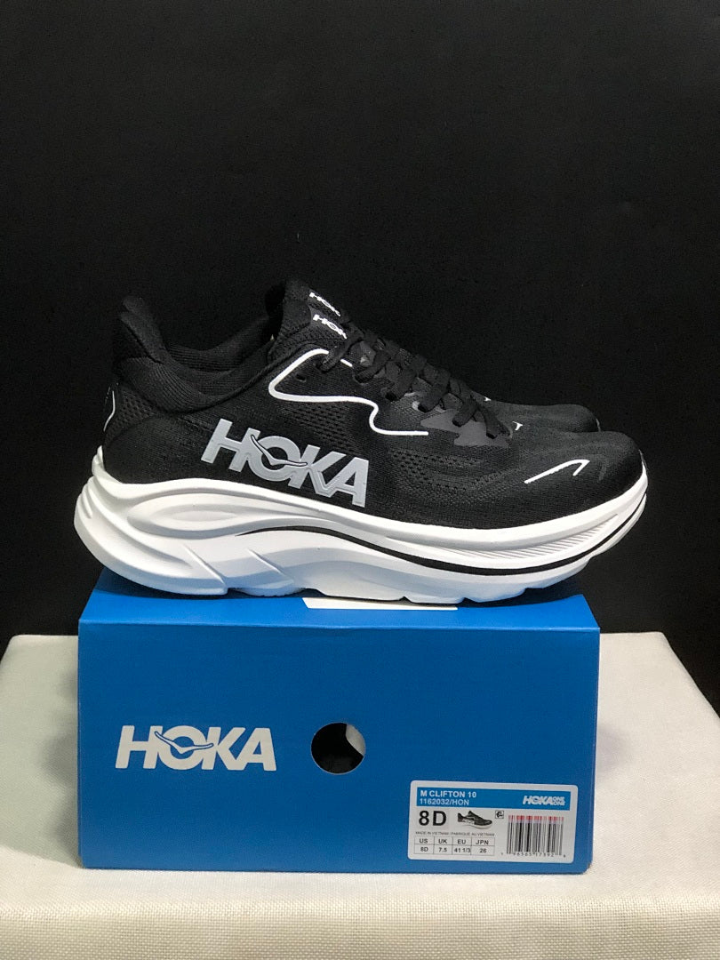 HOKA Clifton 10 Running Shoes in Black and White - product image from the listing.