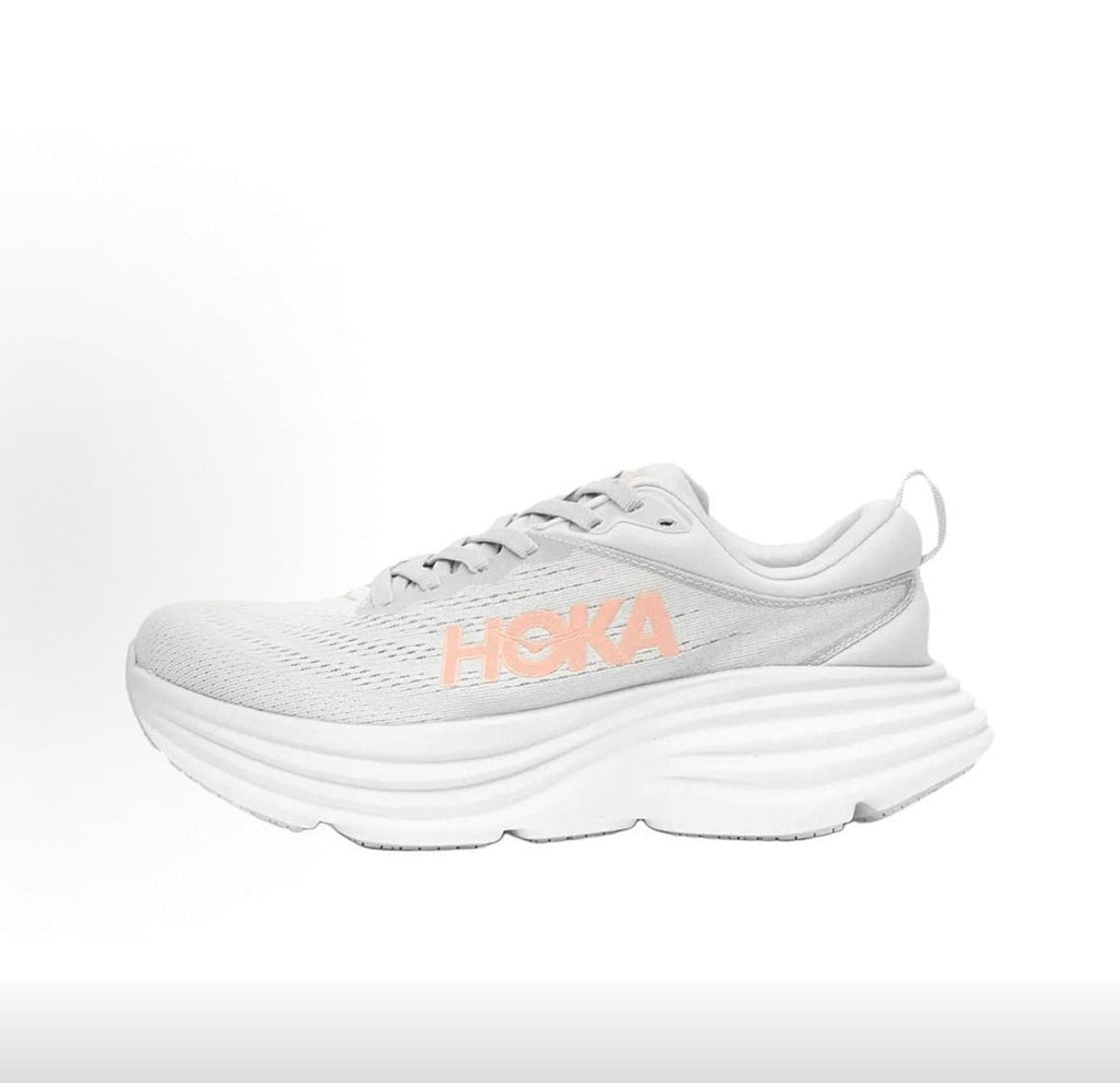 HOKA Bondi 8 Running Sneakers in Gray and Coral - product image from the listing.
