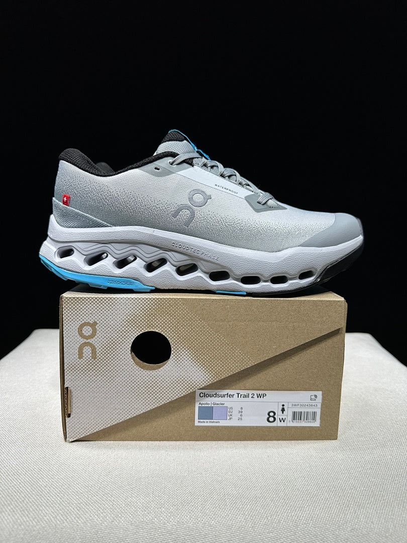 On Cloudsurfer Trail 2 Waterproof Trail Running Shoes in Gray Blue - product image from the listing.