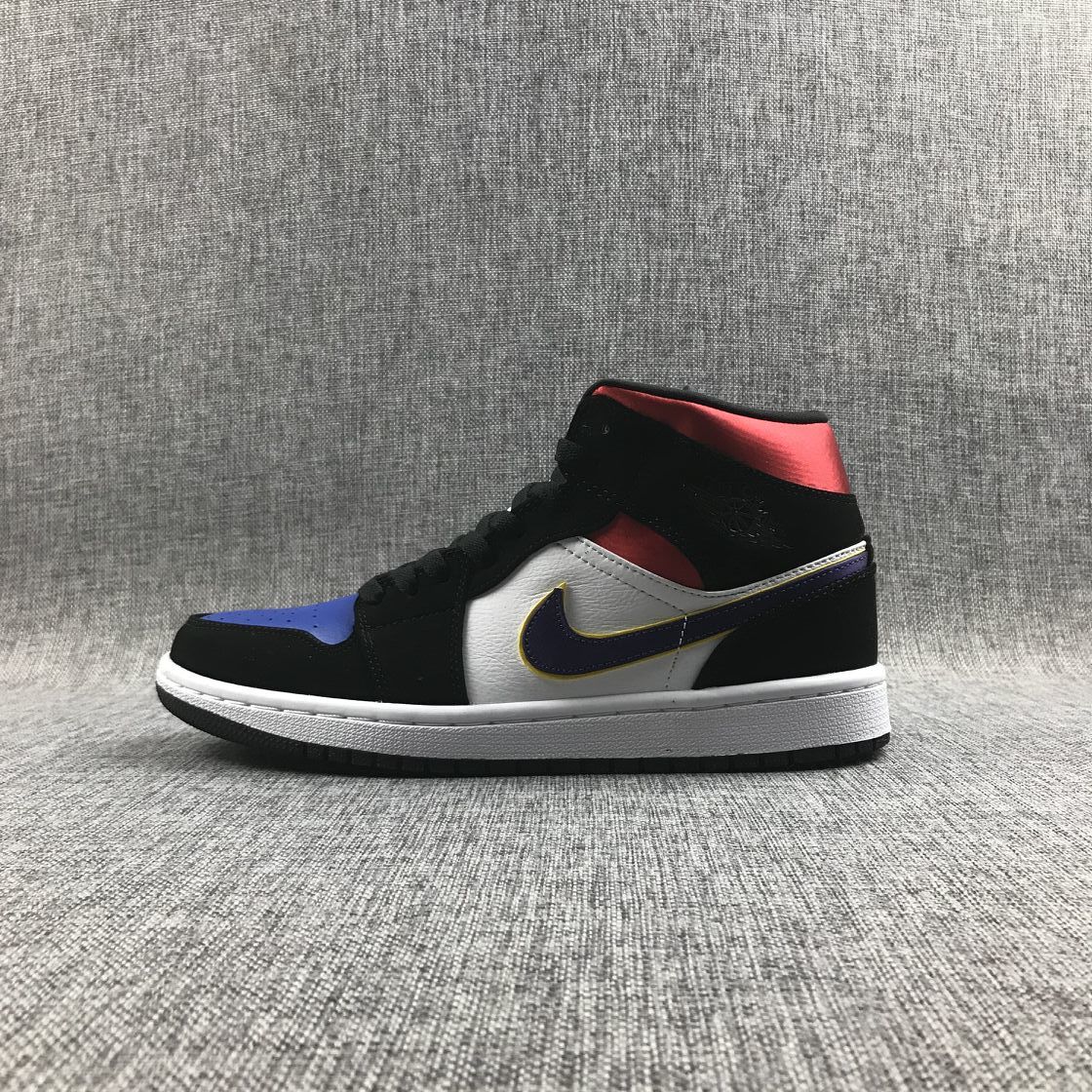 Air Jordan 1 Mid SE Sneakers in Black Purple Yellow 852542-005 - product image from the listing.