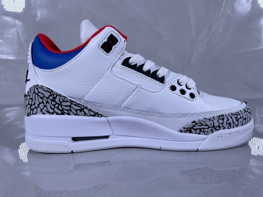 Jordan 3 Retro White Cement Sneakers in White Grey Red Blue - product image from the listing.