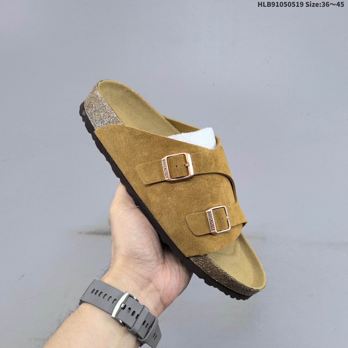 Birkenstock Arizona Two-Strap Suede Slide Sandals, in Taupe - product image from the listing.