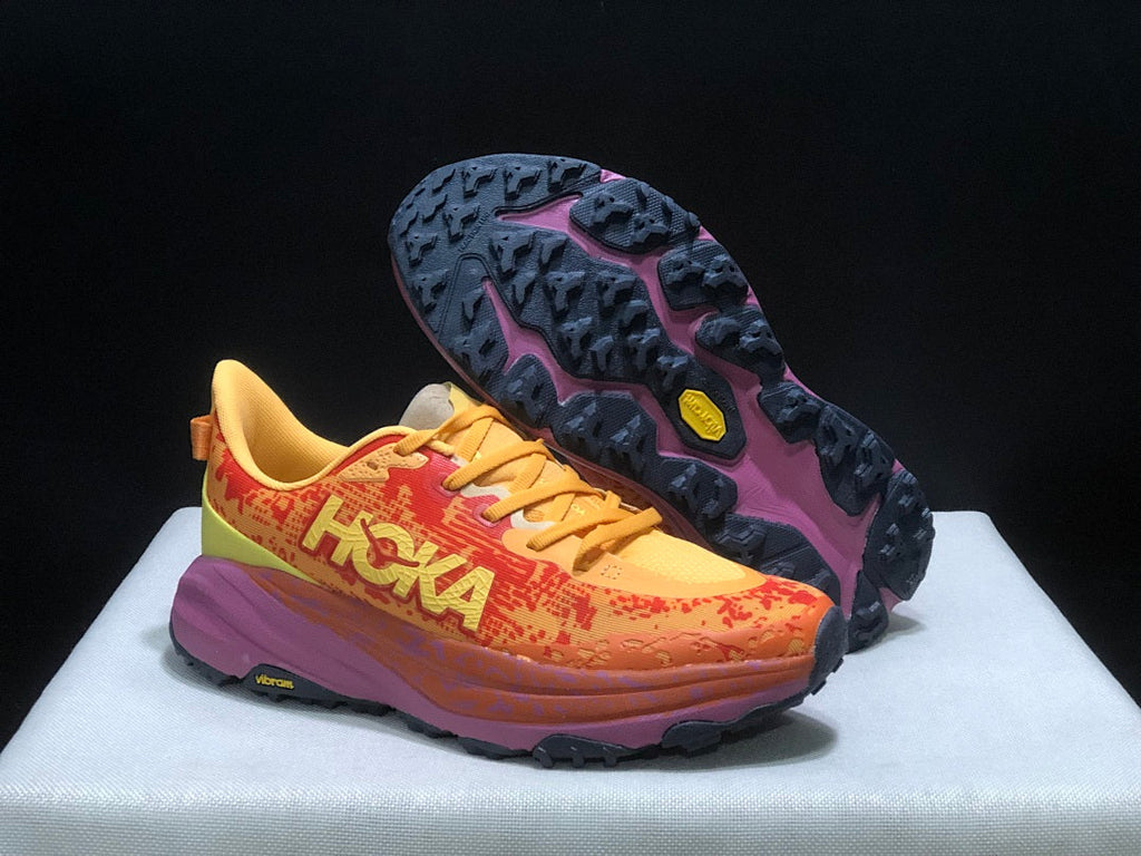 HOKA Speedgoat 6 Trail Running Shoes, in Orange and Yellow - product image from the listing.