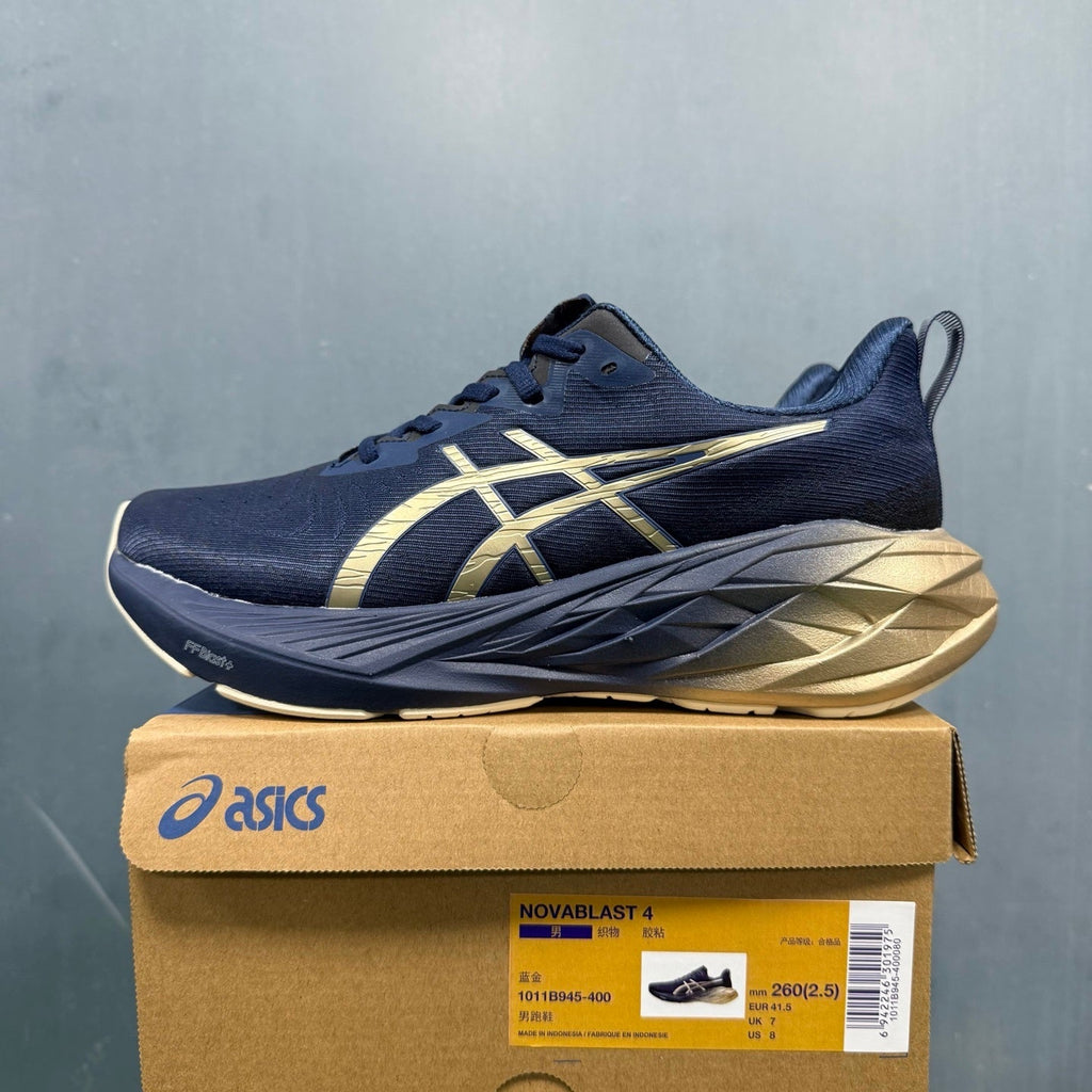 ASICS NOVABLAST 4 Running Shoes, in Blue and Gold - product image from the listing.