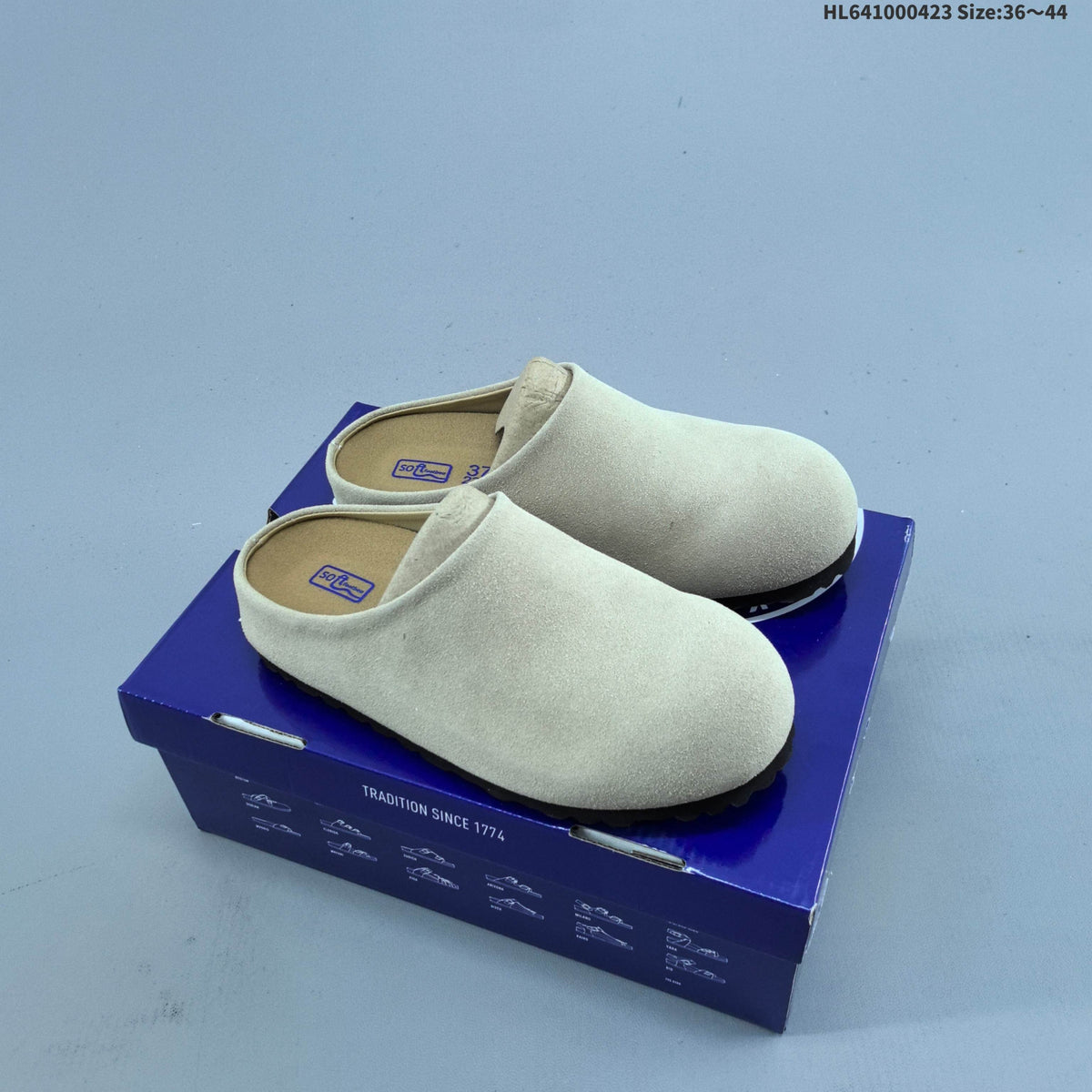 Birkenstock Suede Clog Mule in Tan or in Cream - product image from the listing.