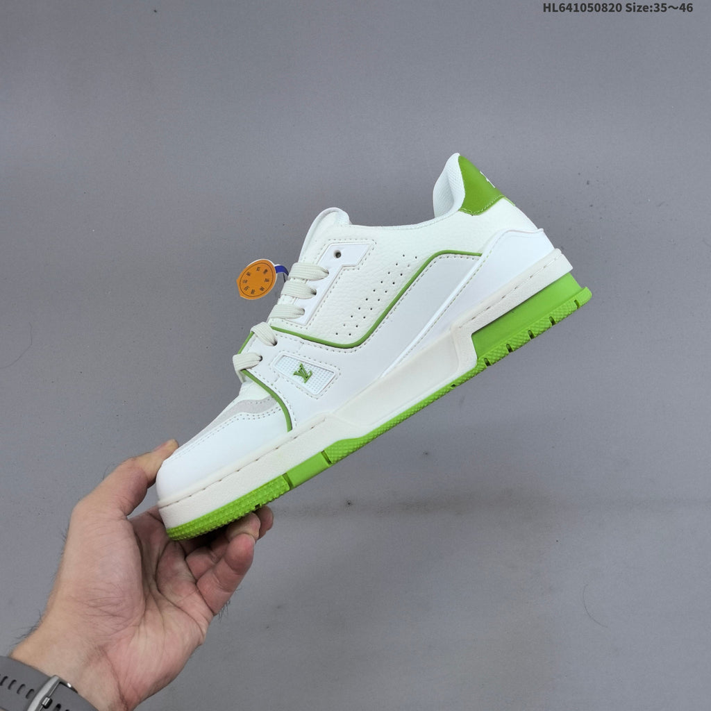 Louis Vuitton Trainer Low-Top Sneakers, in White and Green/Blue - product image from the listing.