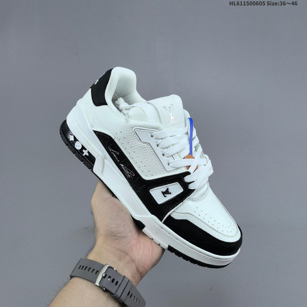 Louis Vuitton Low-Cut Sneakers in White with Floral or Black Trim - product image from the listing.