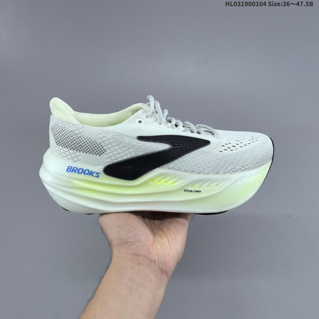 Brooks Glycerin Max Running Shoes, in White and Lime - product image from the listing.