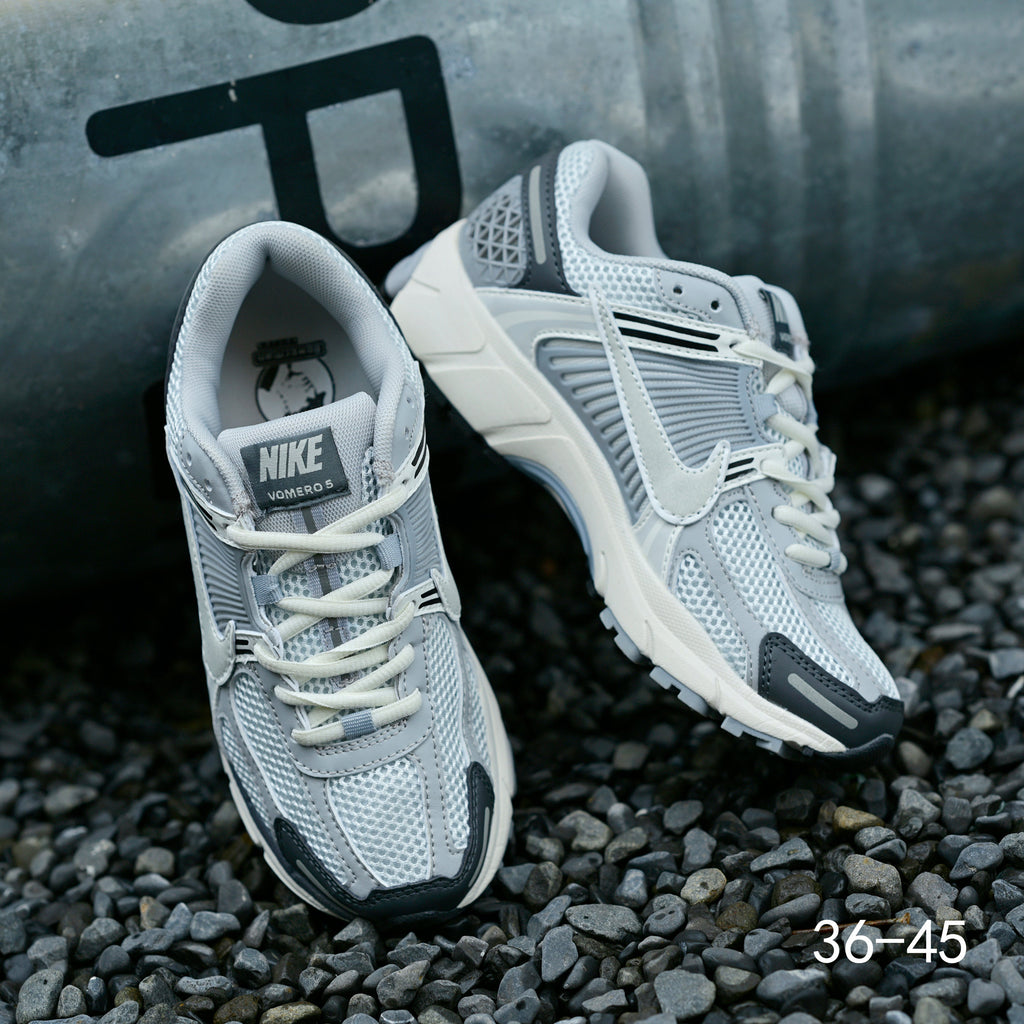 Light Gray and Navy Nike Air Zoom Vomero 5 Sneakers - product image from the listing.