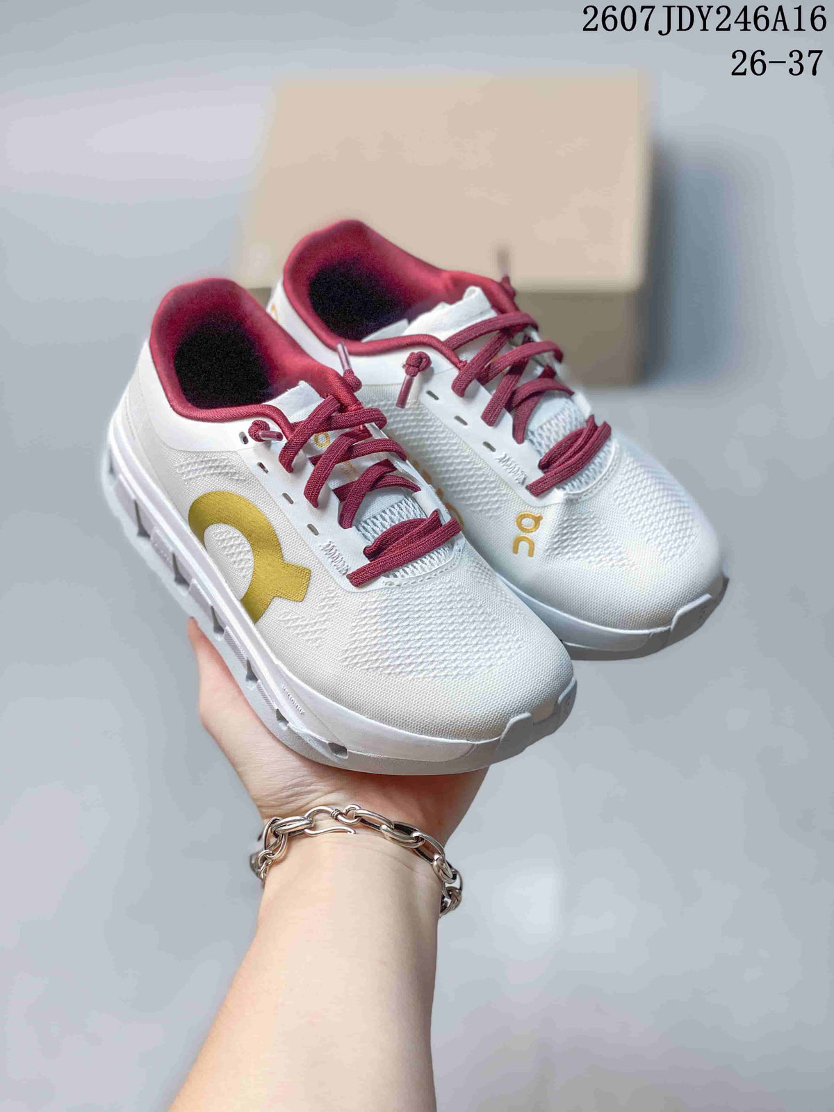On Cloudstratus 3 Kids' Running Shoes in White Burgundy Yellow - product image from the listing.