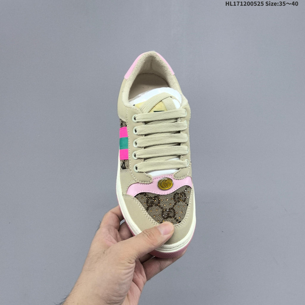 Gucci Screener Distressed Low-Top Sneakers in Beige Pink Green - product image from the listing.
