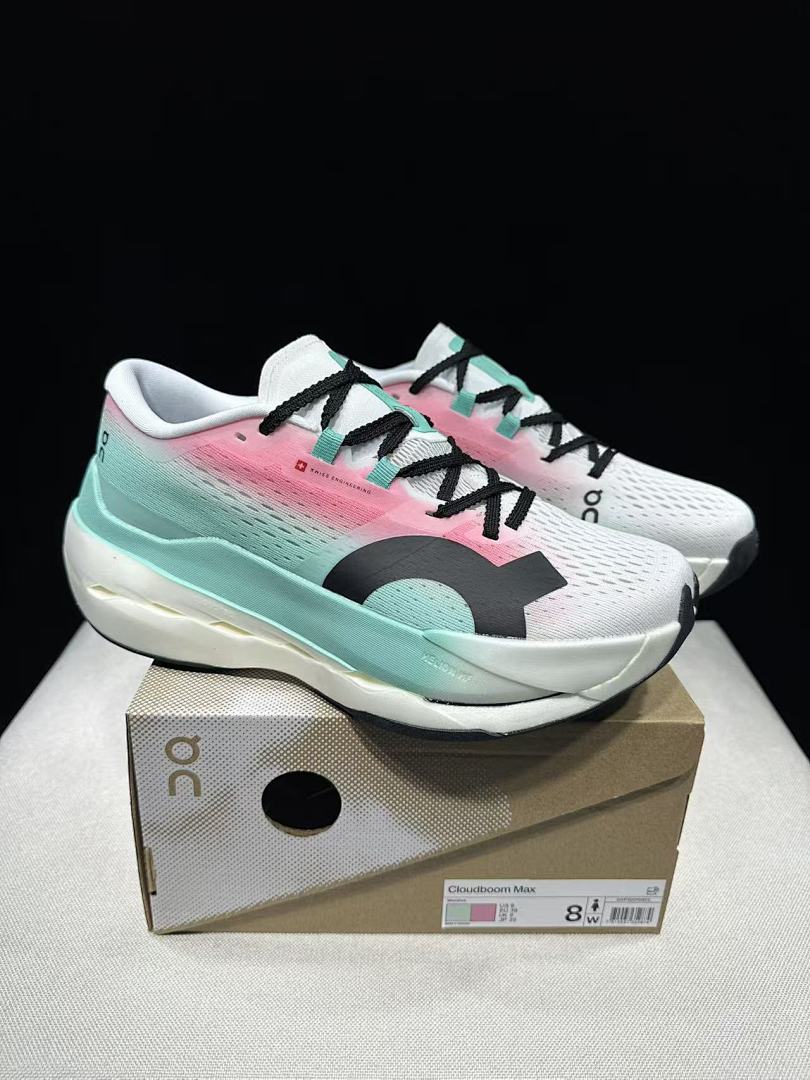 On Cloudboom Max Running Shoes, in White Mint Pink - product image from the listing.