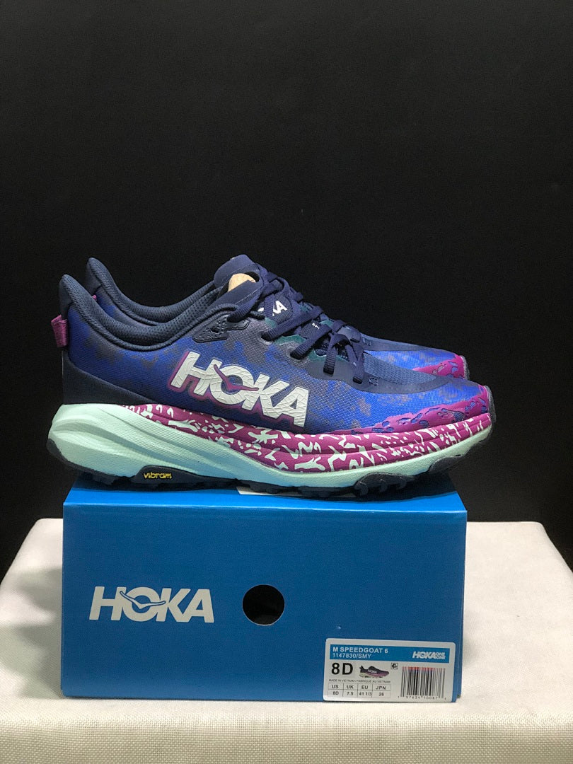 HOKA Speedgoat 6 Trail Running Shoes, in Blue and Pink - product image from the listing.