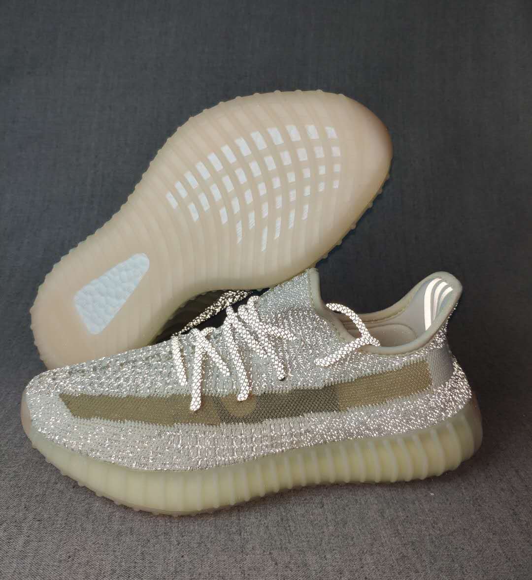 Light Gray and Cream Yeezy 350 V2 Knit Sneakers - product image from the listing.