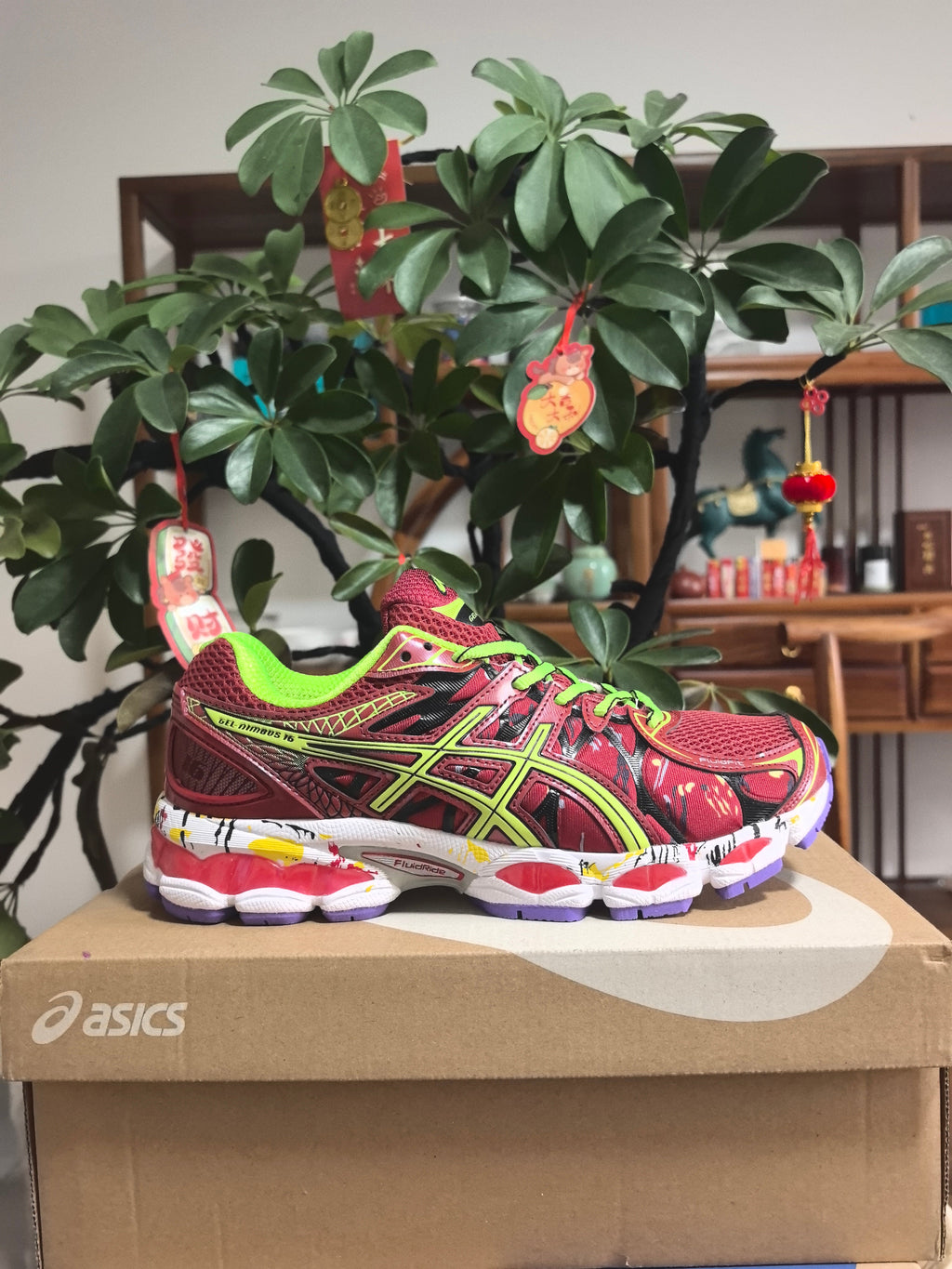 ASICS GEL-NIMBUS 16 Sneakers, in Burgundy and Lime - product image from the listing.