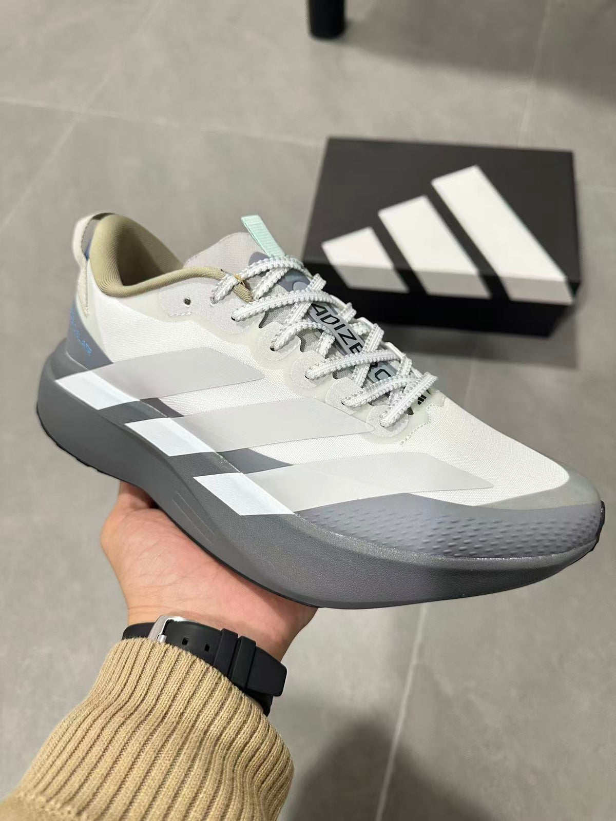 Adidas Adizero Boston Running Shoes in White Gray - product image from the listing.
