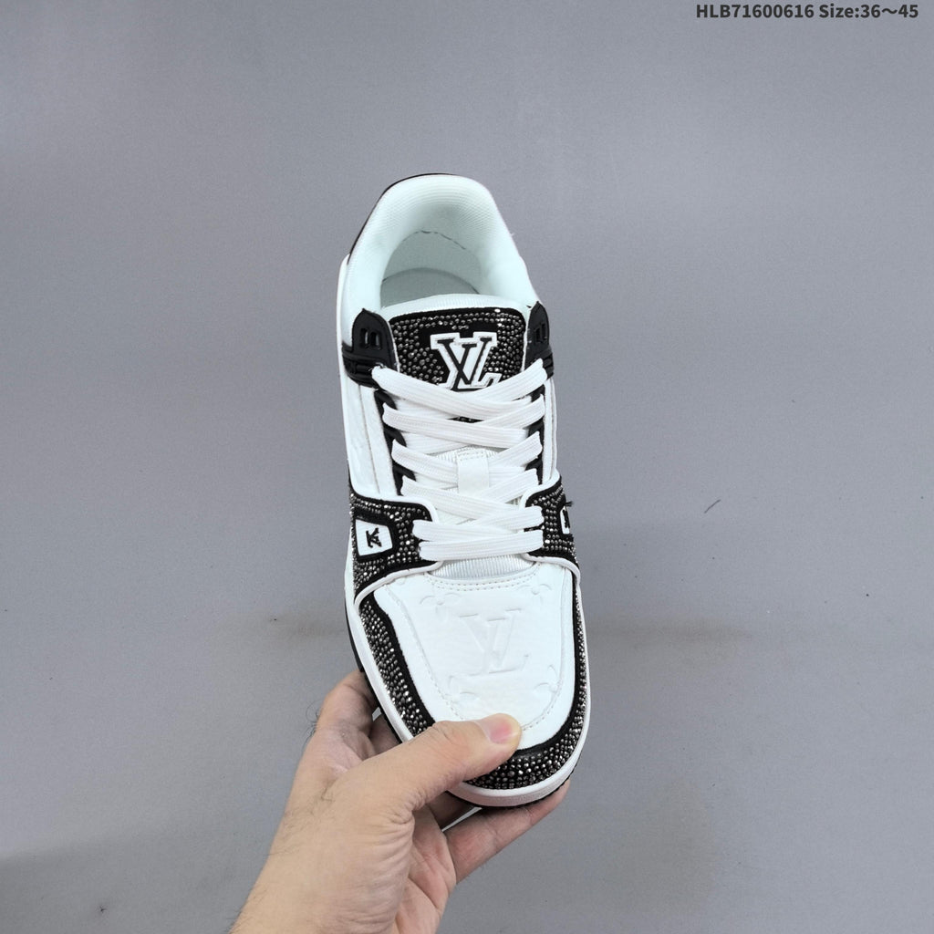 Louis Vuitton Trainer Trainers in White and Black with Embellished Trim - product image from the listing.