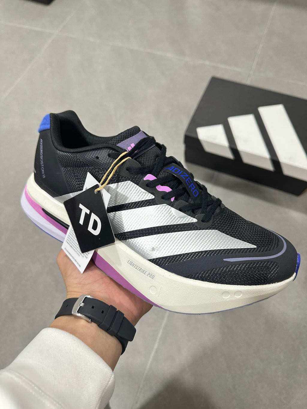 adidas Adizero Boston 13 Running Shoes in Black White Purple - product image from the listing.