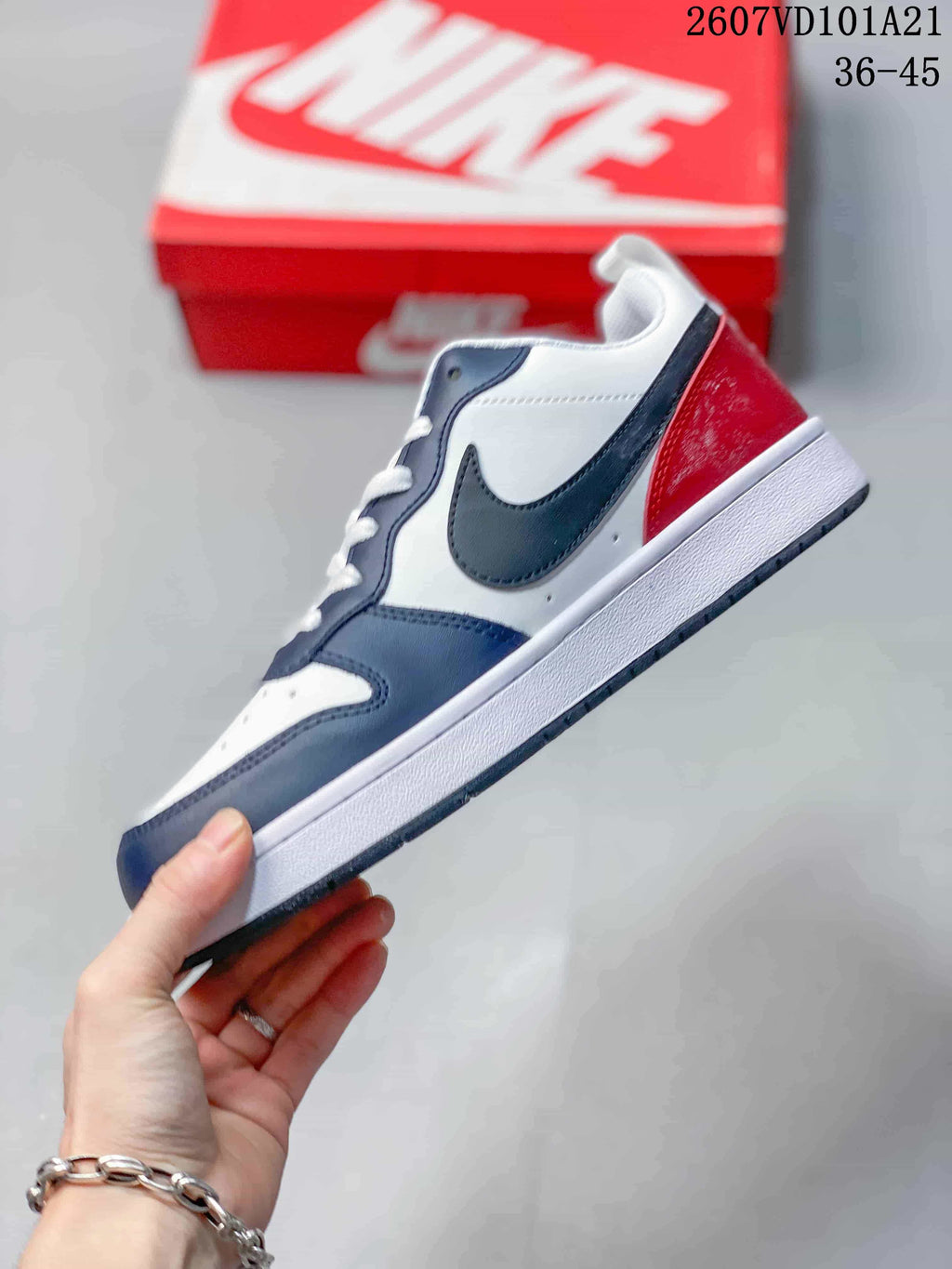Nike Court Borough Mid BG Sneakers in White Navy Red - product image from the listing.