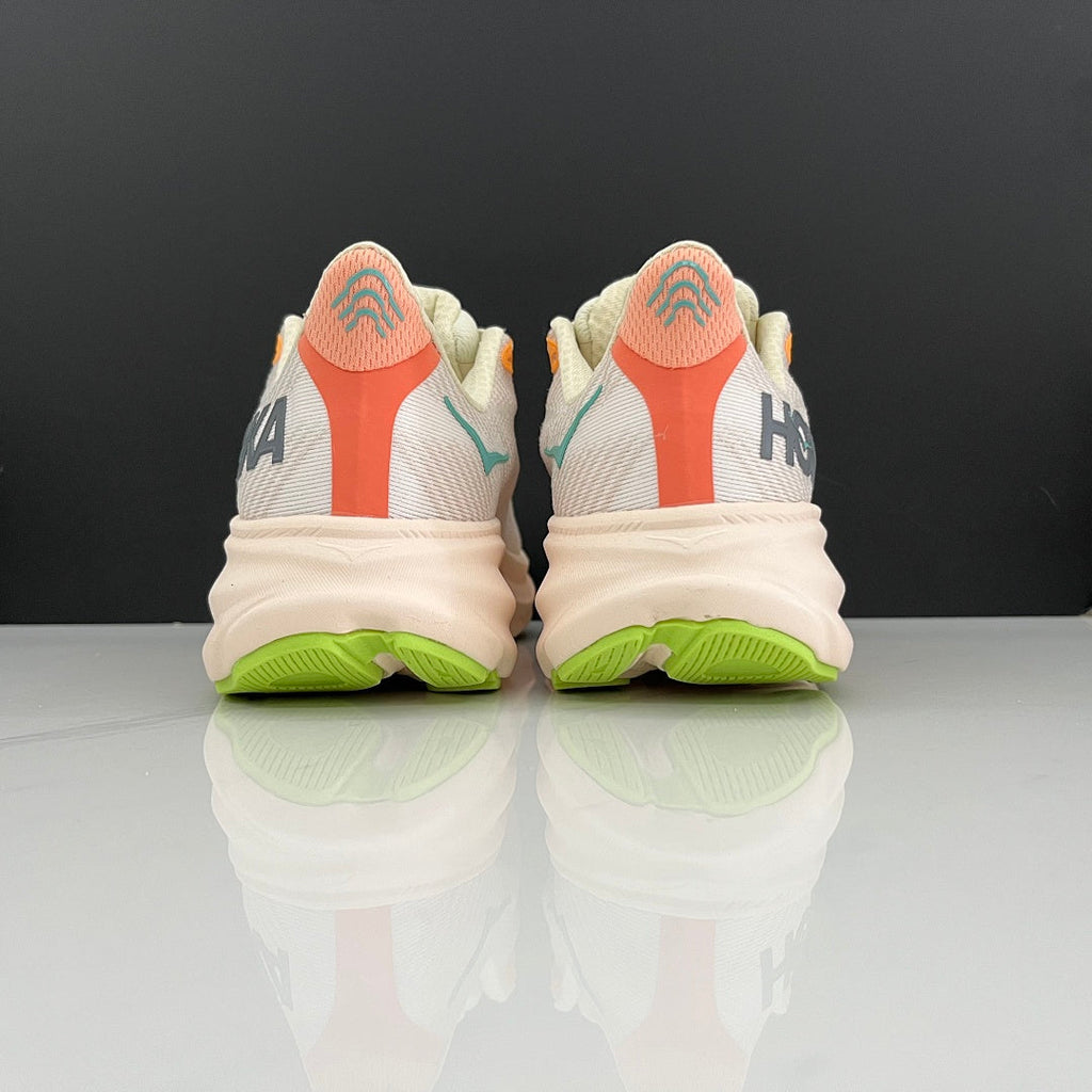 Cream and Green HOKA Clifton 9 Running Shoes - product image from the listing.