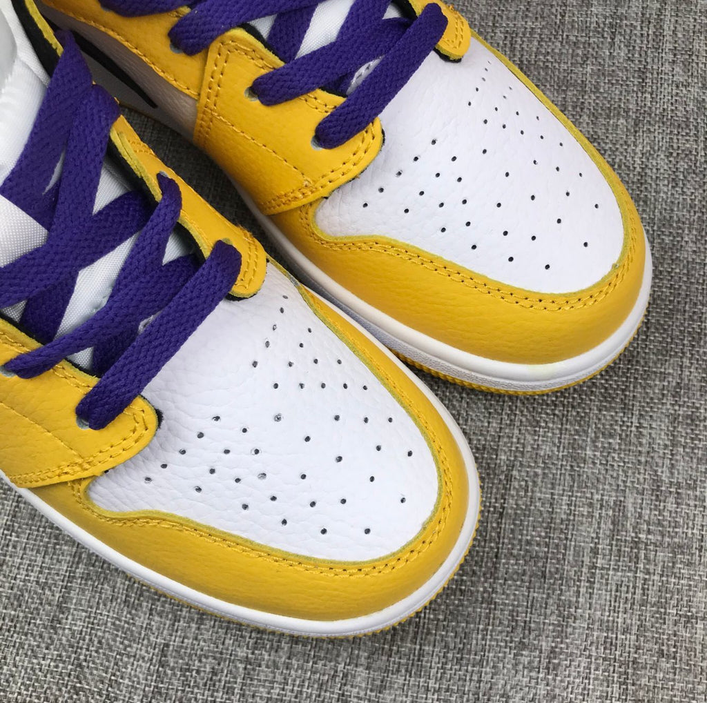 Air Jordan 1 Mid Lakers Sneakers in Yellow and Purple BQ6931-700 - product image from the listing.