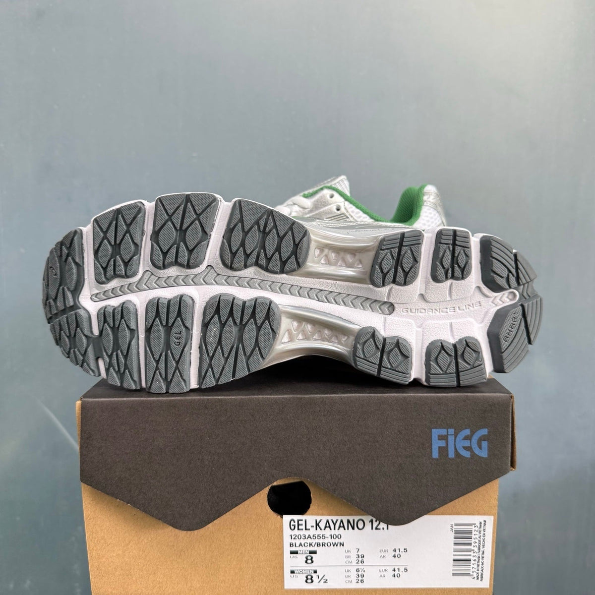 ASICS GEL-KAYANO 12.1 Sneakers in White Silver Green - product image from the listing.