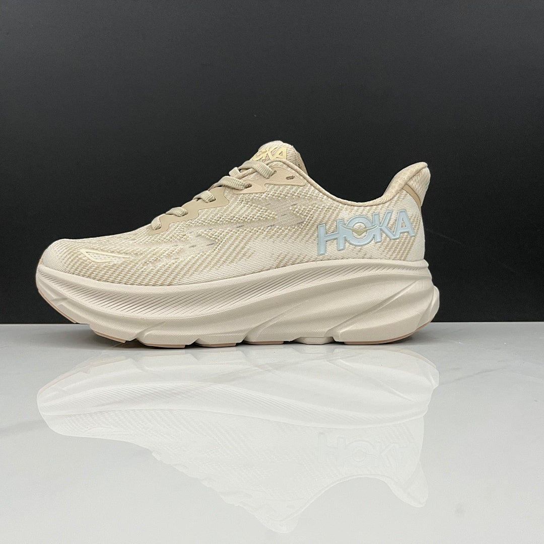 Beige and Tan HOKA Clifton 9 Running Shoes - product image from the listing.