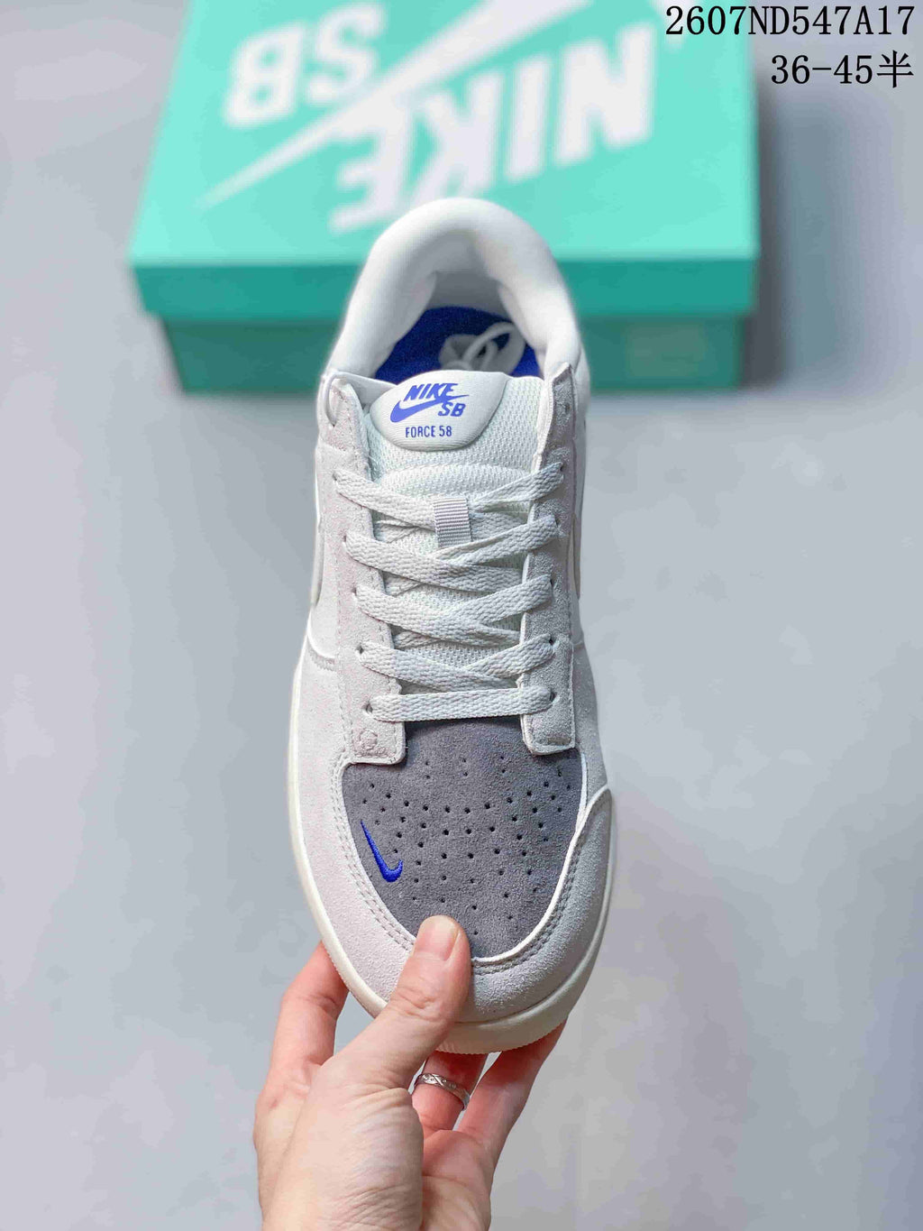 Nike SB Force 58 Sneakers in White Grey Blue - product image from the listing.