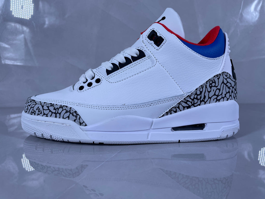 Jordan 3 Retro White Cement Sneakers in White Grey Red Blue - product image from the listing.