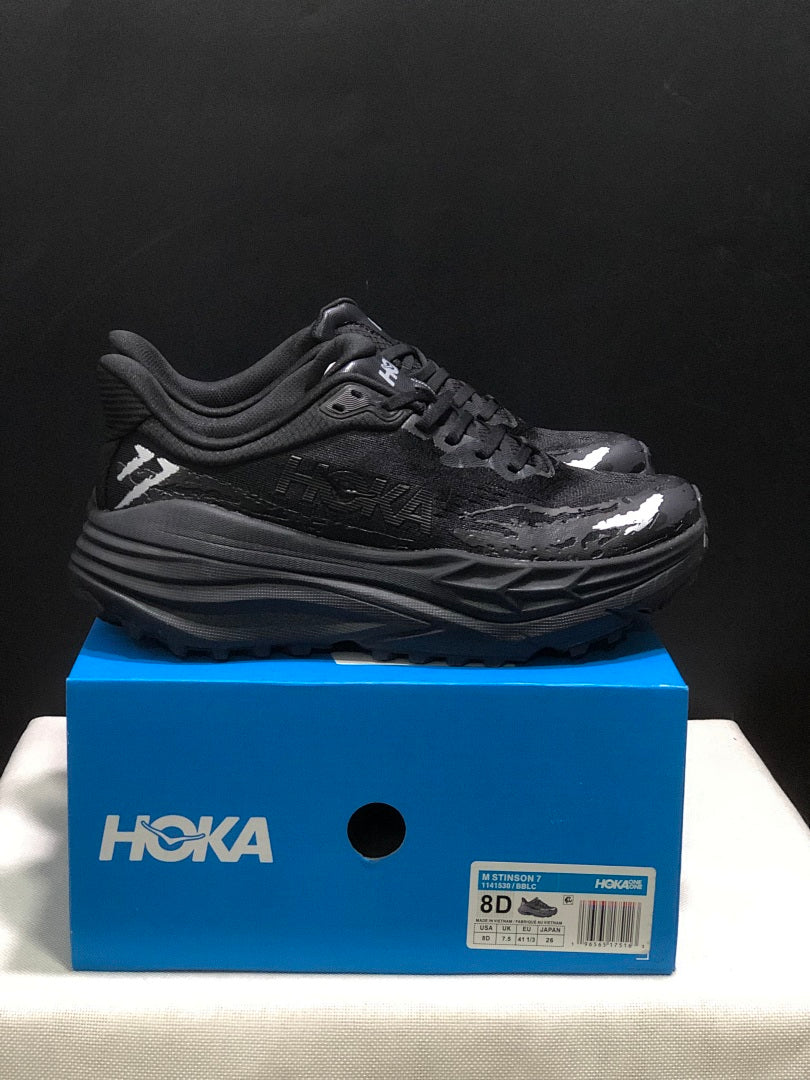 HOKA Stinson 7 Black Trail Trainers - product image from the listing.