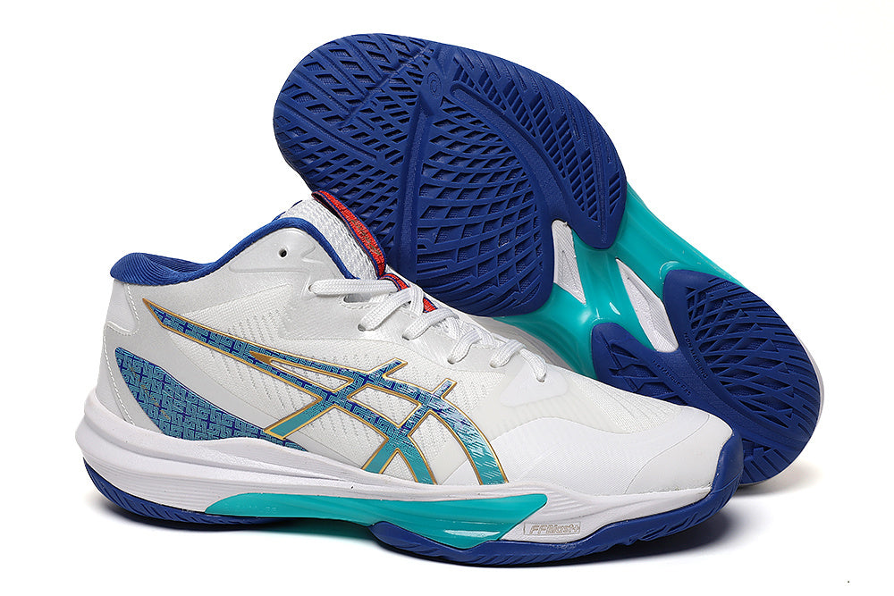 ASICS White and Blue Indoor Court Trainers - product image from the listing.