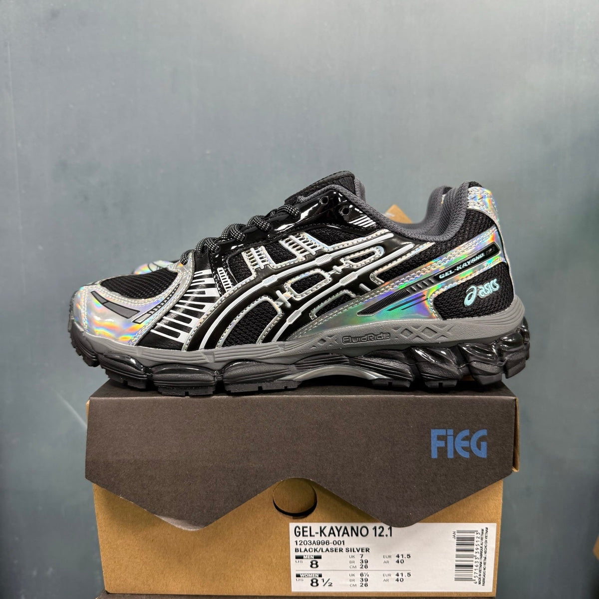 ASICS GEL-Kayano 12.1 Black Laser Sneakers in Silver - product image from the listing.