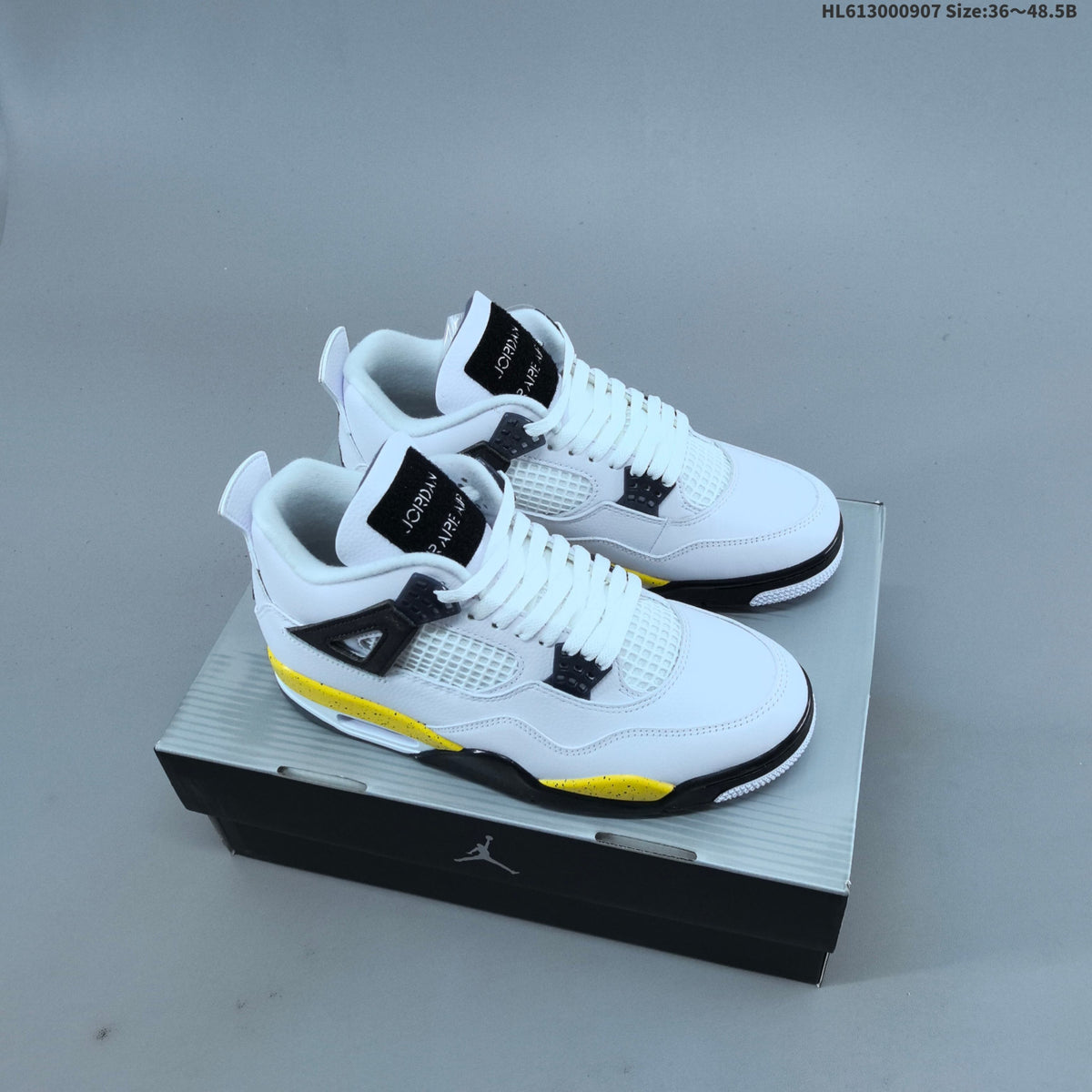 Air Jordan 4 Retro White Yellow Black Sneakers - product image from the listing.