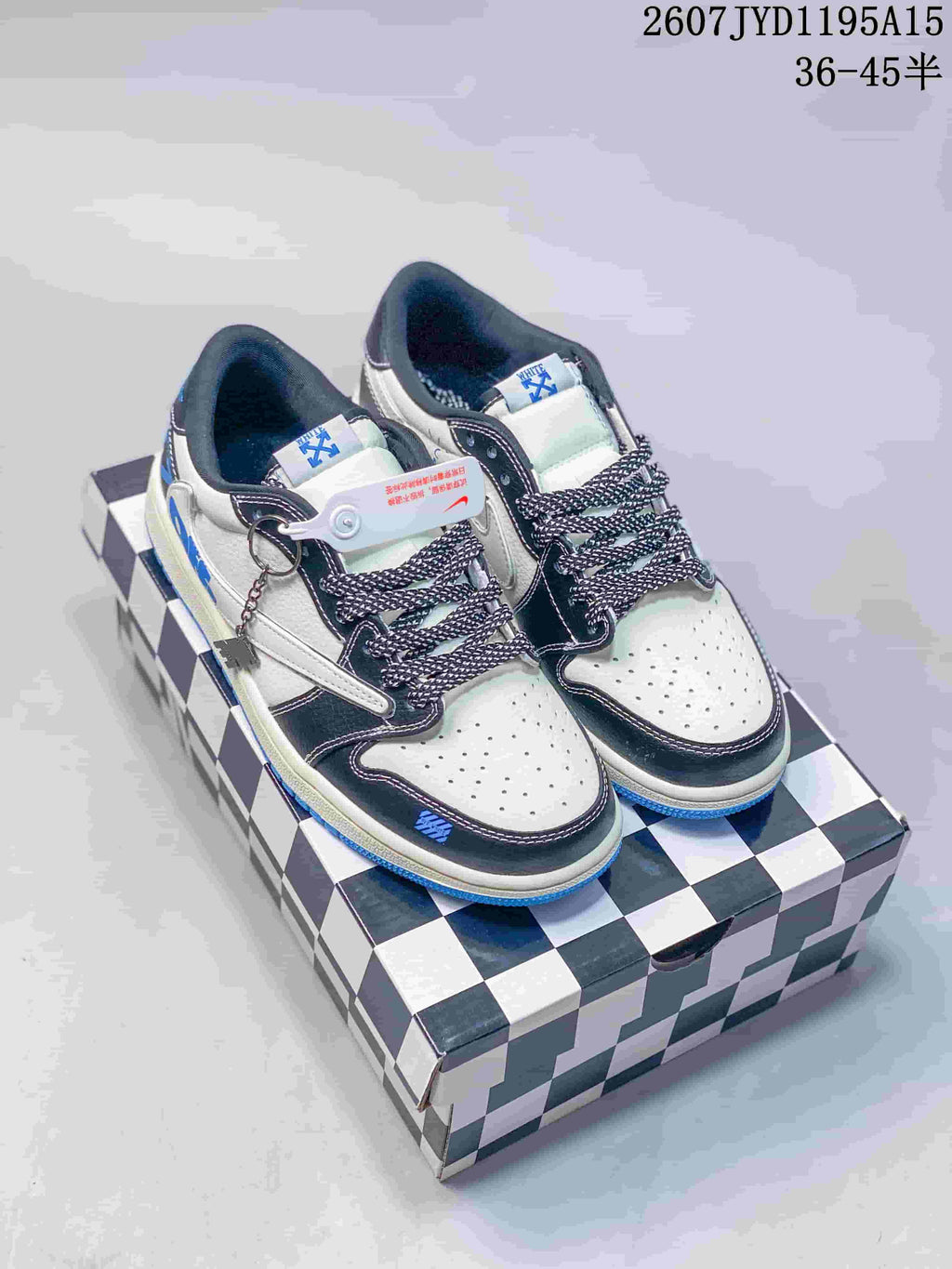 Air Jordan 1 Low OW-Style Sneakers in White, in Black and Blue - product image from the listing.
