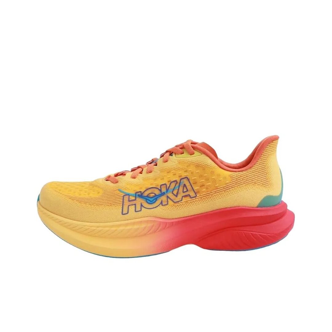 Yellow and Coral HOKA Mach 6 Running Shoes - product image from the listing.