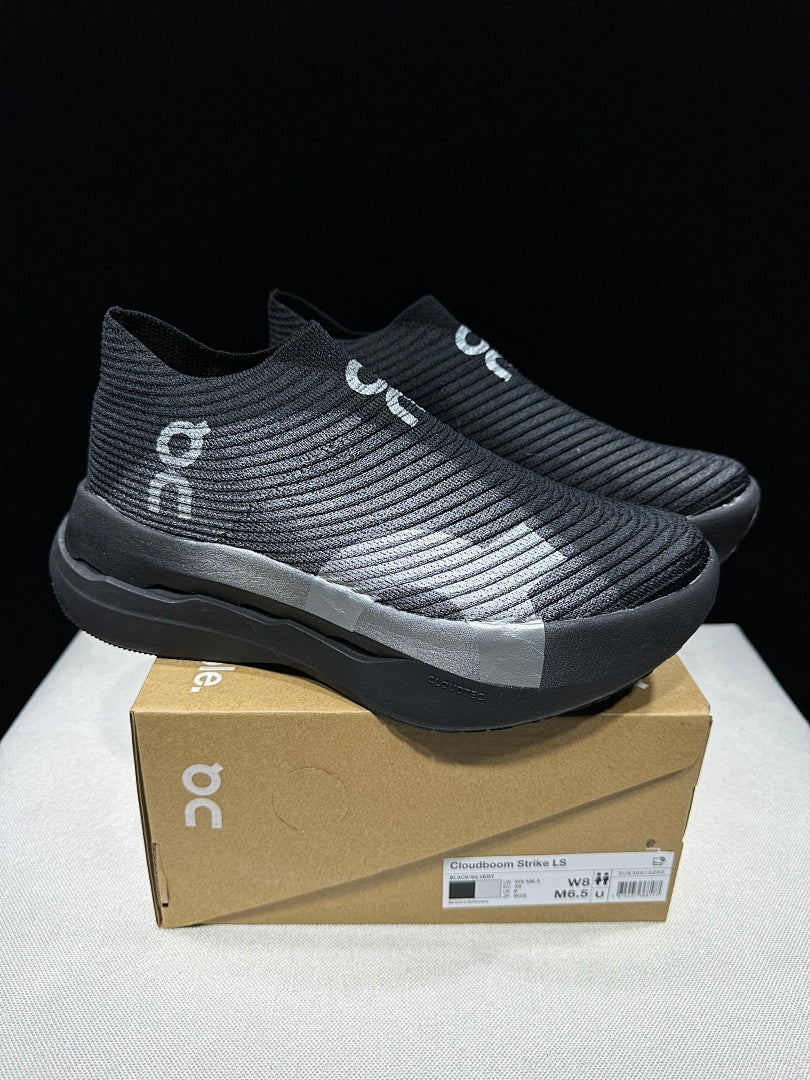 On Cloudboom Strike LS Running Shoes in Black Silver - product image from the listing.