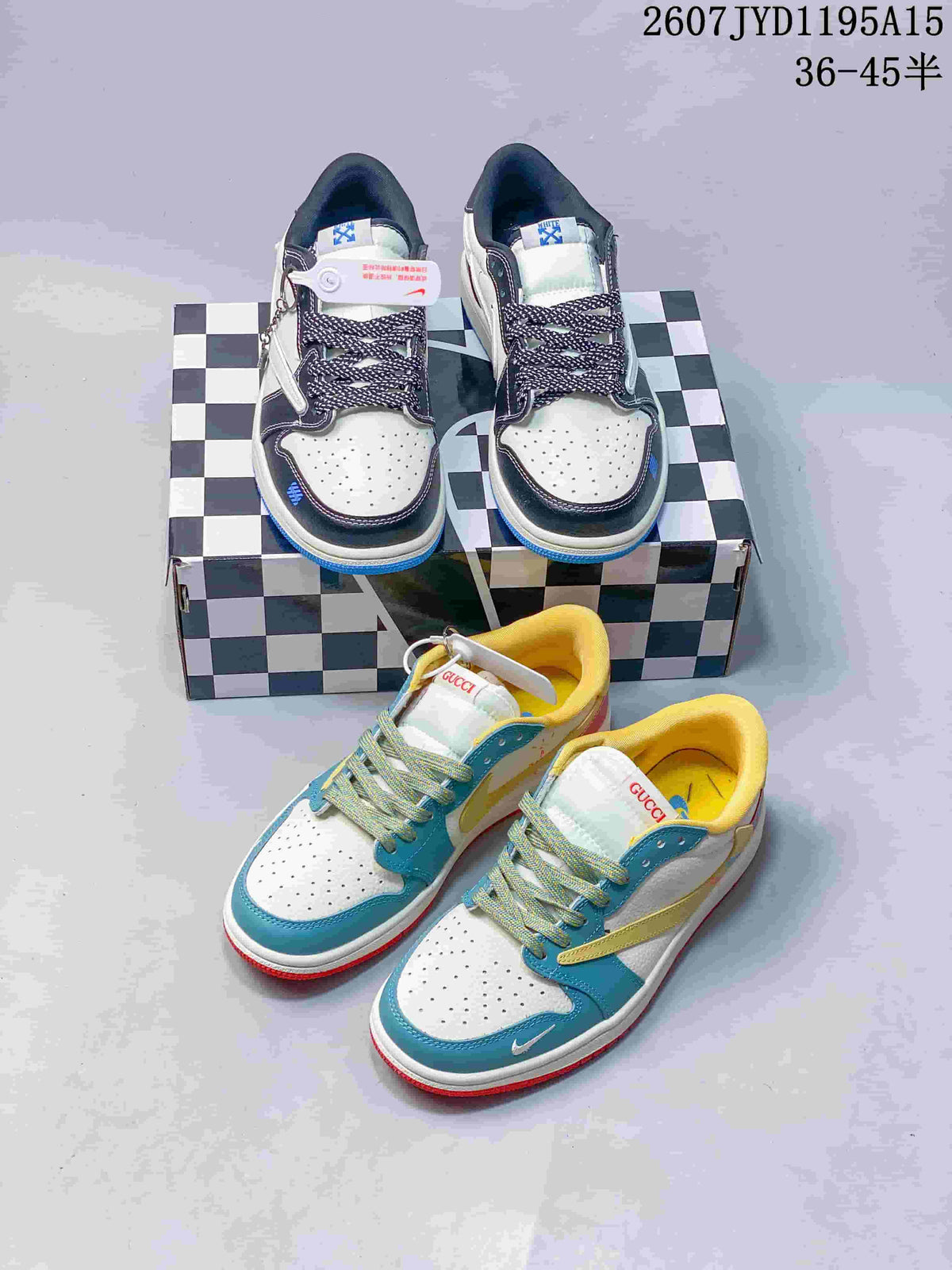 Air Jordan 1 Low OW-Style Sneakers in White, in Black and Blue - product image from the listing.