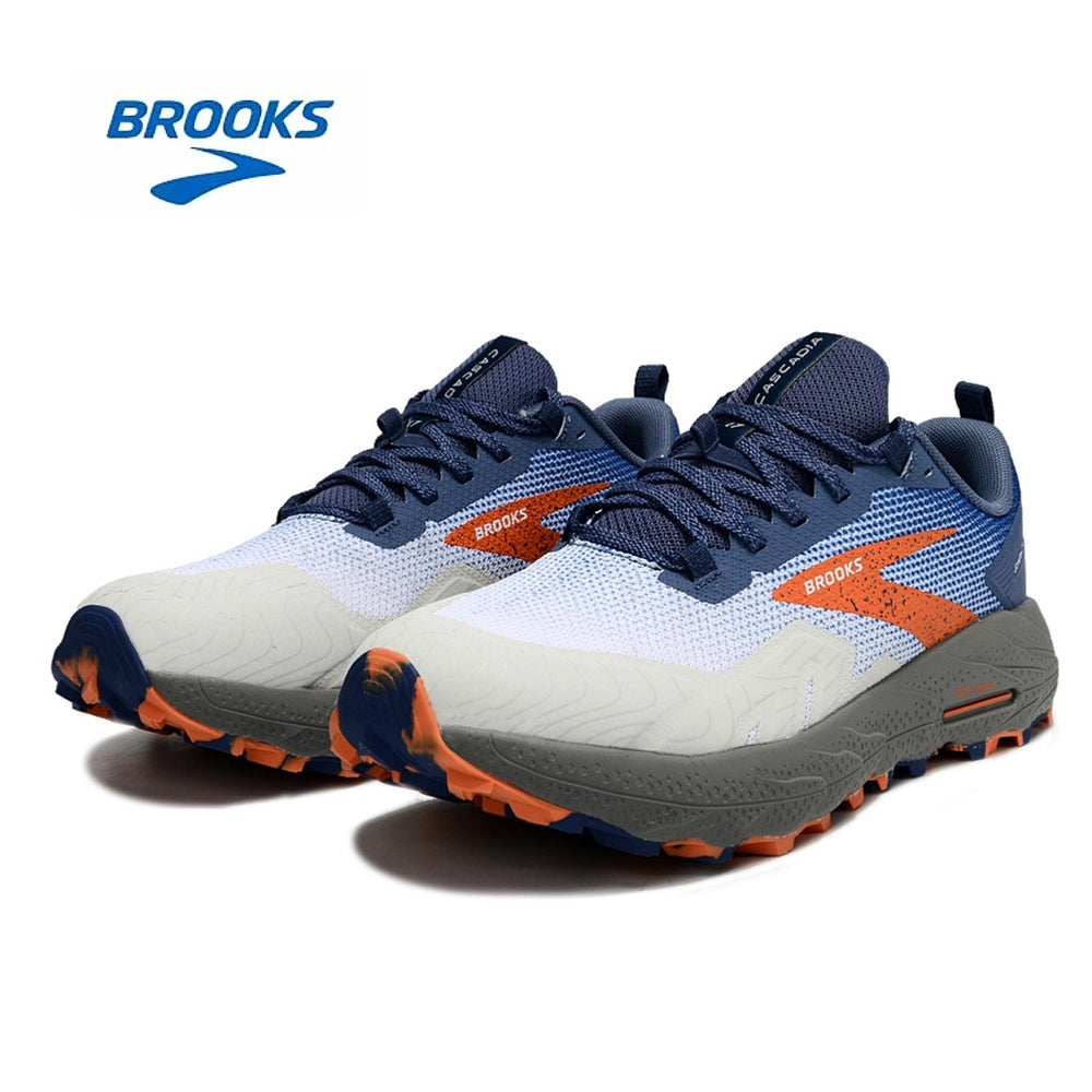 Brooks Cascadia 17 Trail Running Shoes in Navy and Orange - product image from the listing.