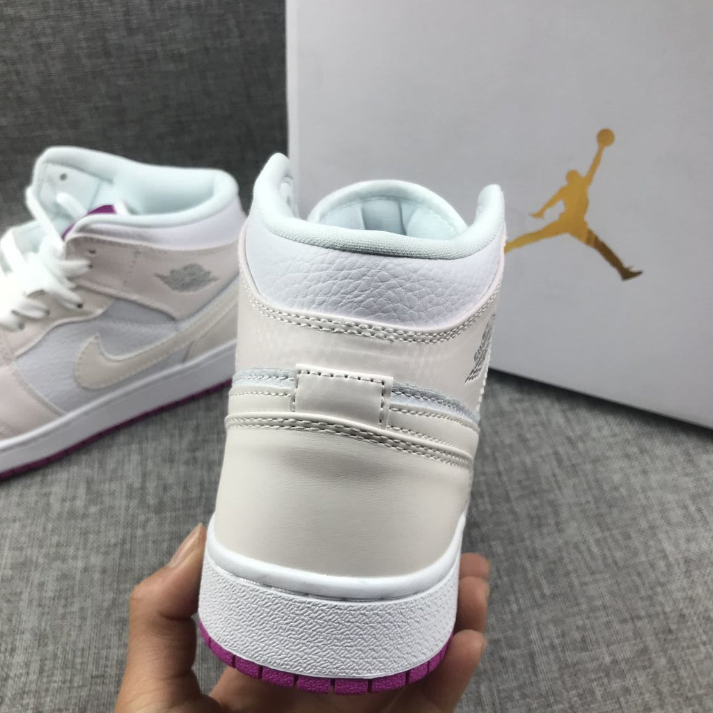 Jordan 1 Mid Grey White Fuchsia High-Cut Sneakers - product image from the listing.