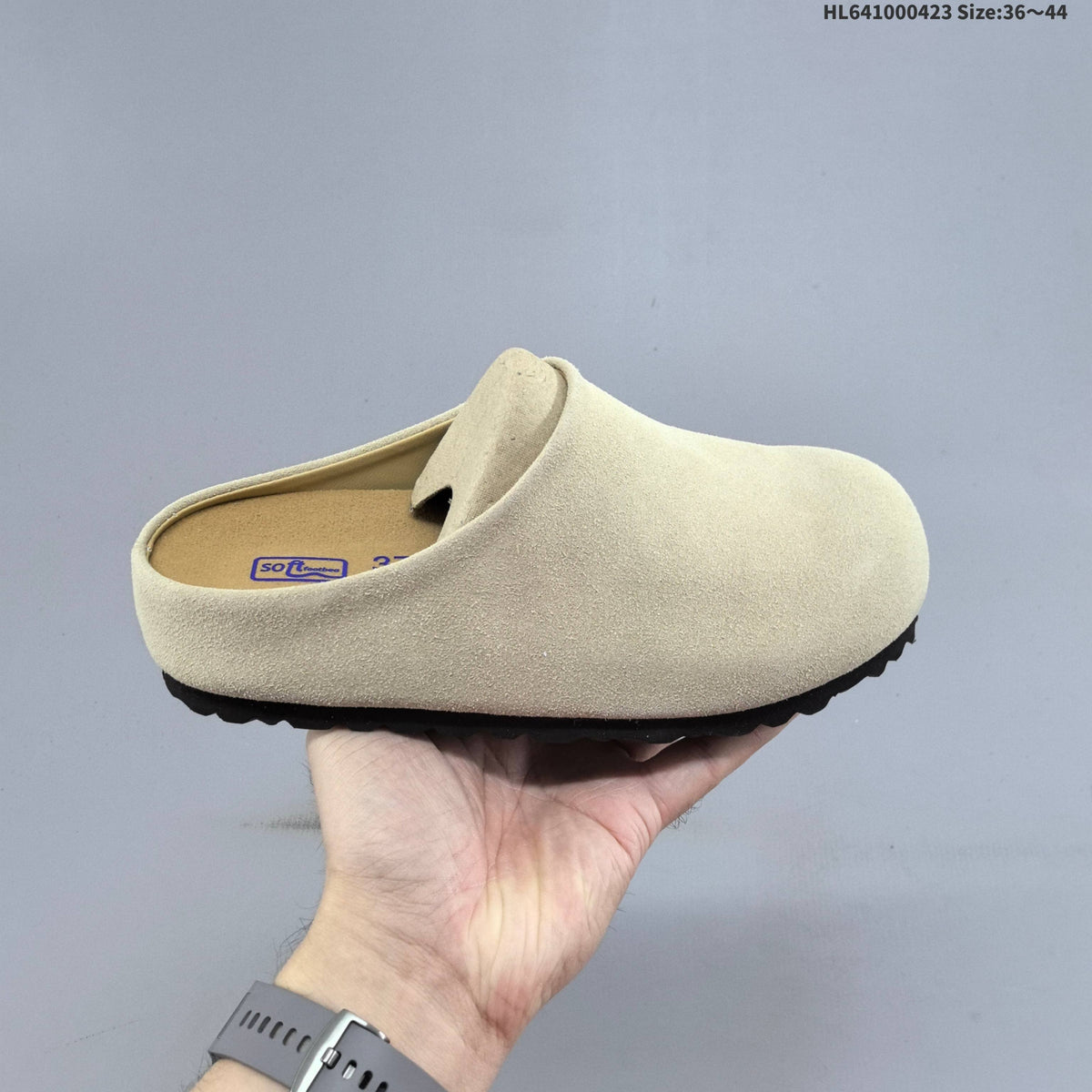 Birkenstock Suede Clog Mule in Tan or in Cream - product image from the listing.