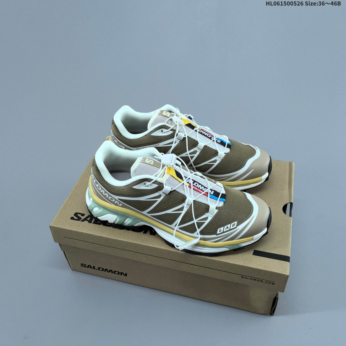 Olive and Beige Salomon XT-6 Trail Running Shoes - product image from the listing.