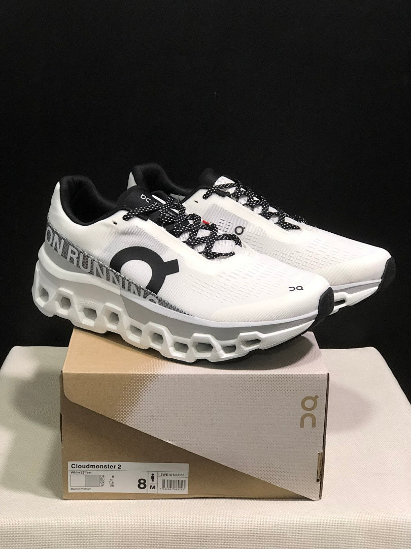 On Cloudmonster 2 Shoes for Running, White/Silver - product image from the listing.