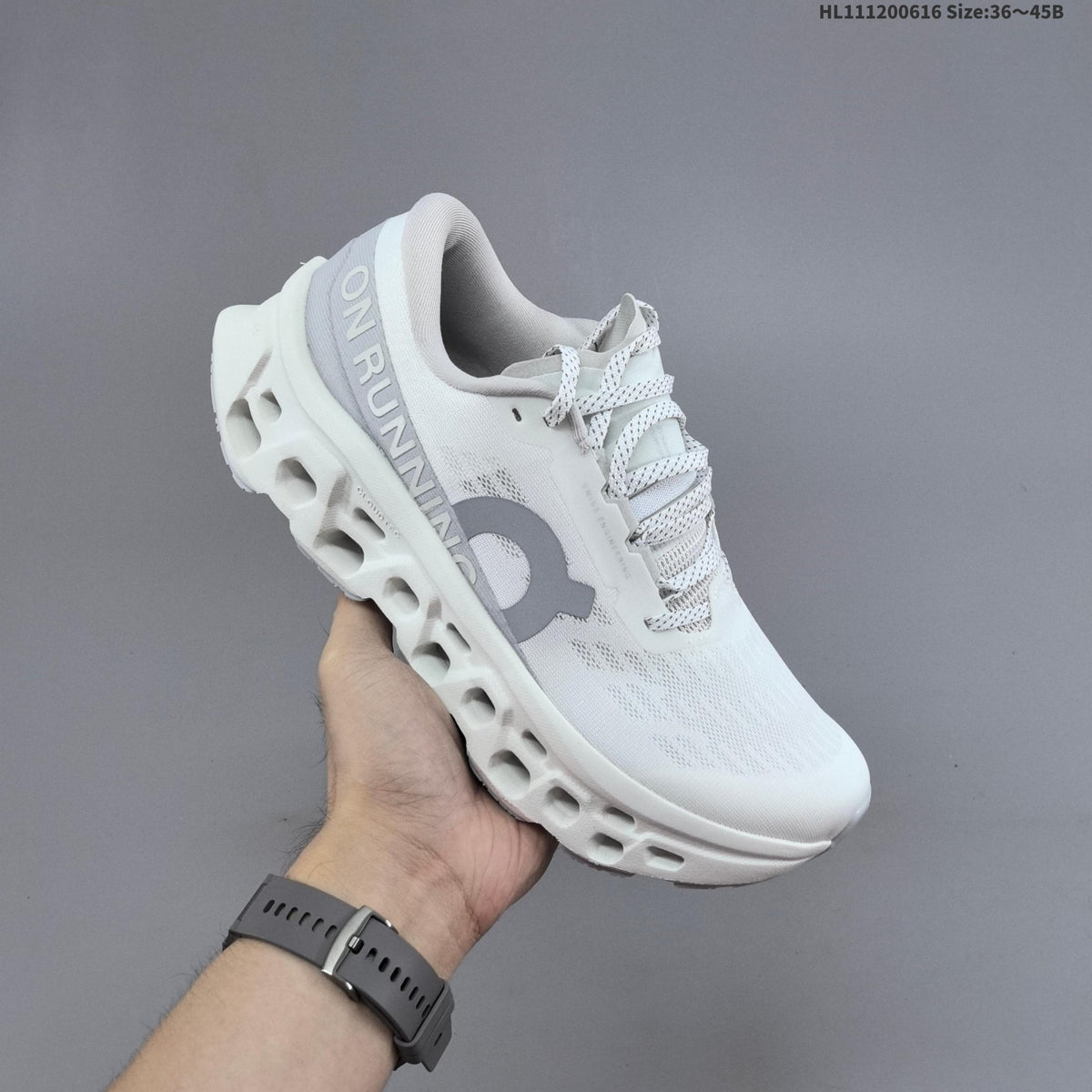 On Cloudmonster 3 Running Shoes in White Grey - product image from the listing.