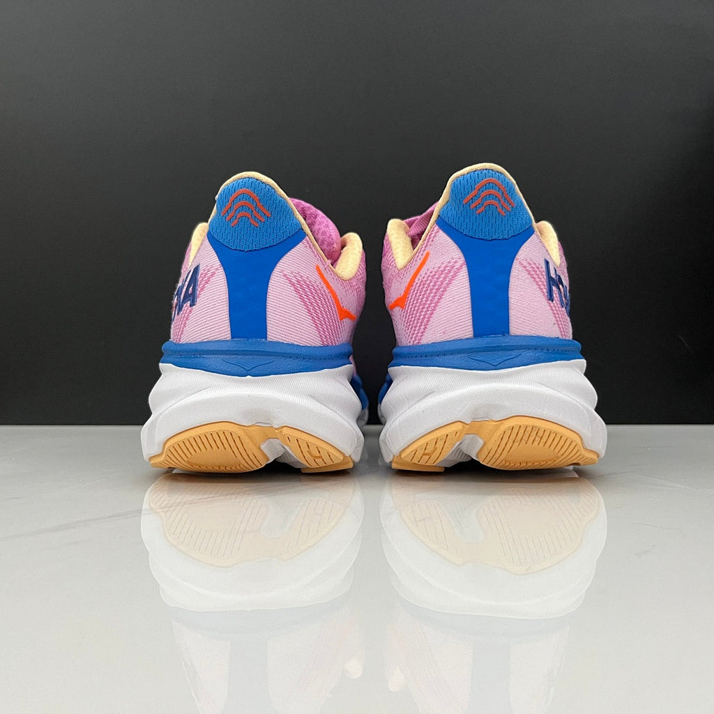 HOKA Clifton 9 Running Shoes, in Pink and Blue - product image from the listing.