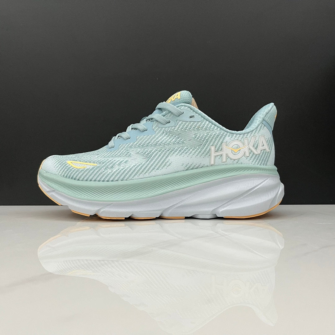 HOKA Clifton 9 Running Shoes in Mint and Yellow - product image from the listing.