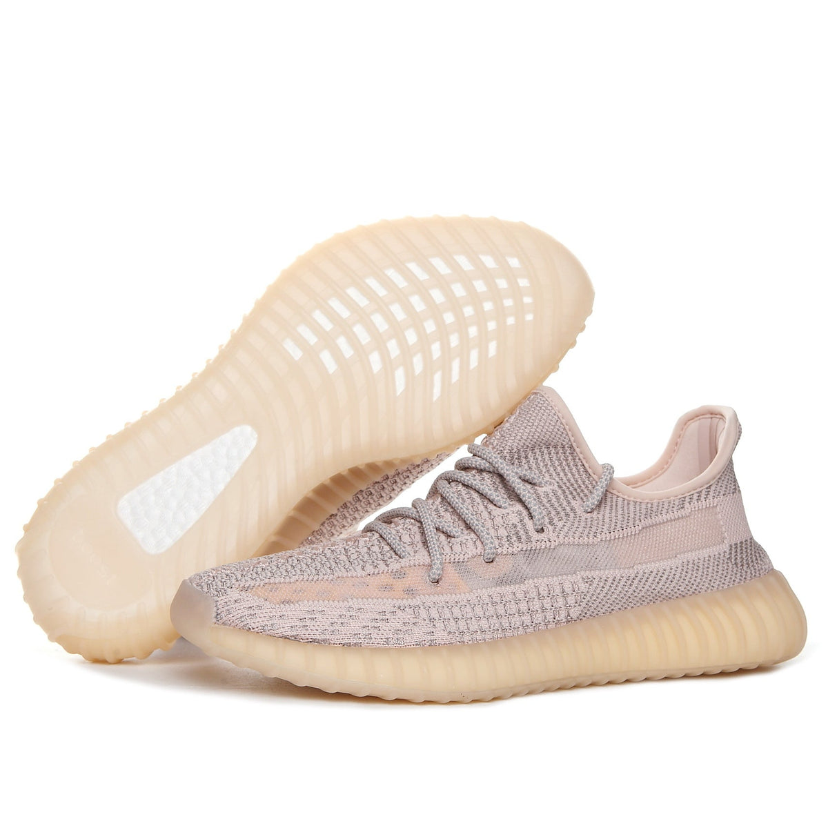Light Gray and Tan Yeezy 350 V2 Knit Sneakers - product image from the listing.