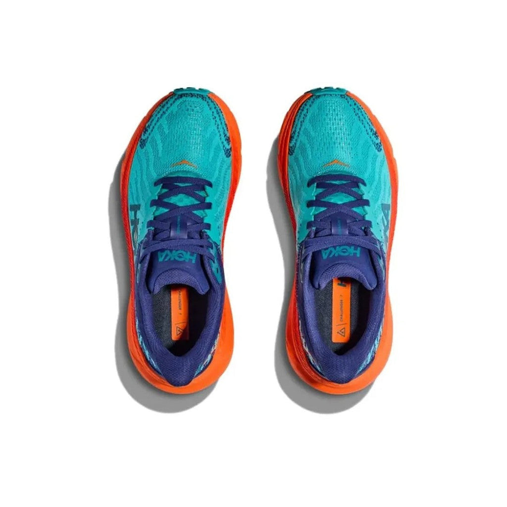 HOKA Challenger 7 Trail Running Shoes in Turquoise and Orange - product image from the listing.