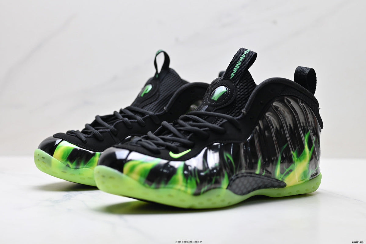 Nike Penny Hardaway Foamposite Sneakers, in Black and Volt Green - product image from the listing.