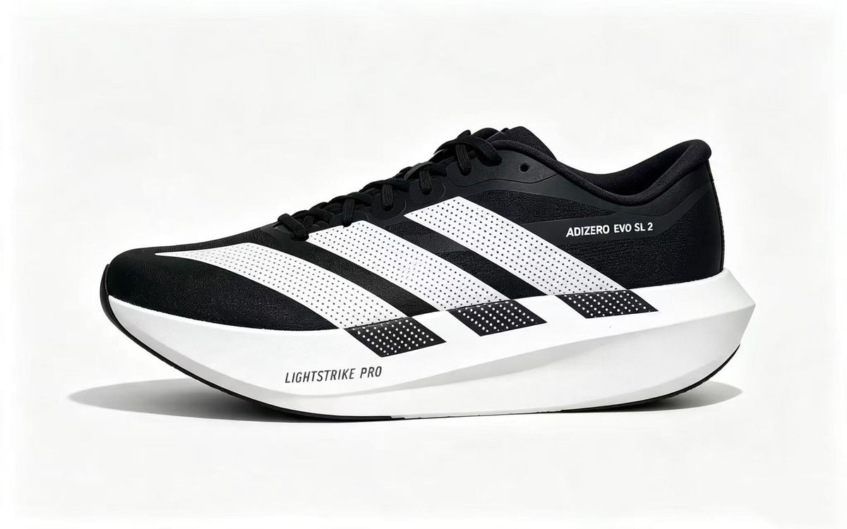 Adizero Evo SL 2 Running Shoes, in Black and White - product image from the listing.